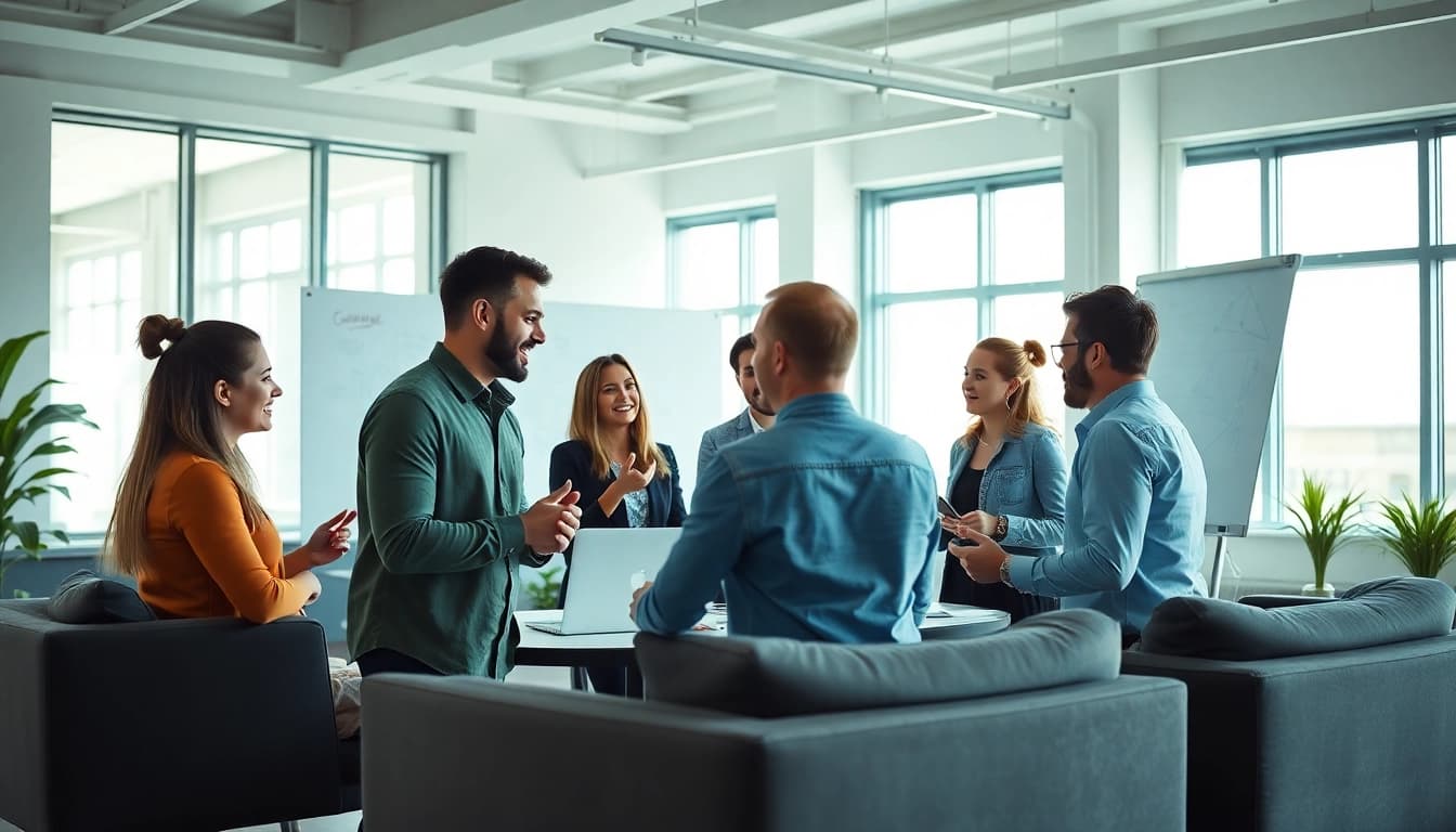 Engaged professionals discussing online marketing edmonton strategies in a modern office.