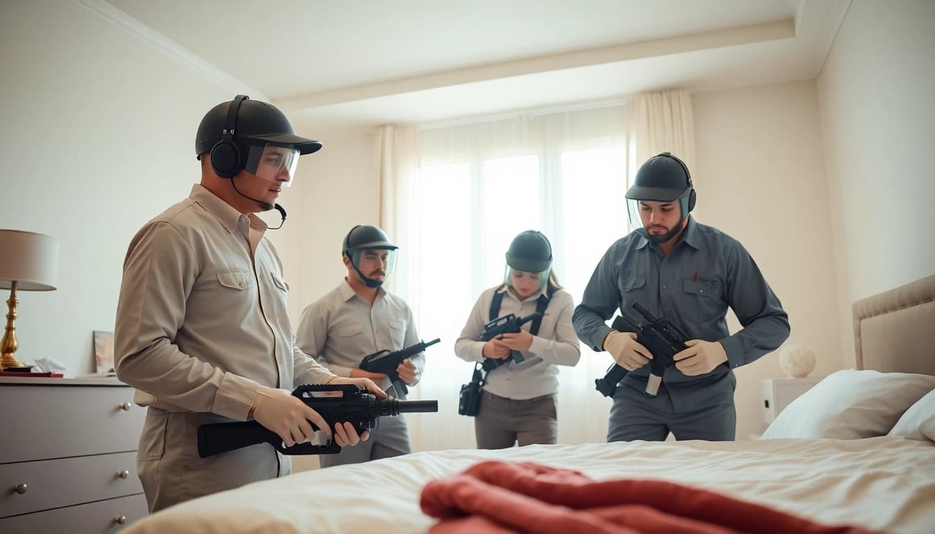 Engaged bed bug exterminator team inspecting a clean bedroom for pest control solutions.