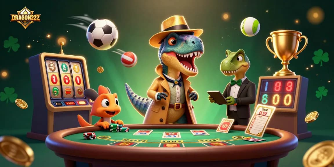 Play slots and win with DRAGON222 showcasing a cartoon velociraptor counter at a blackjack table.