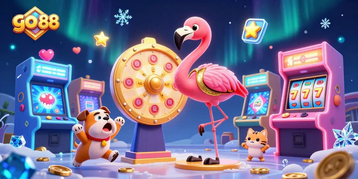 Engage with the excitement of go 88 in this vibrant 3D casino scene showcasing a game show host flamingo and a bulldog contestant.