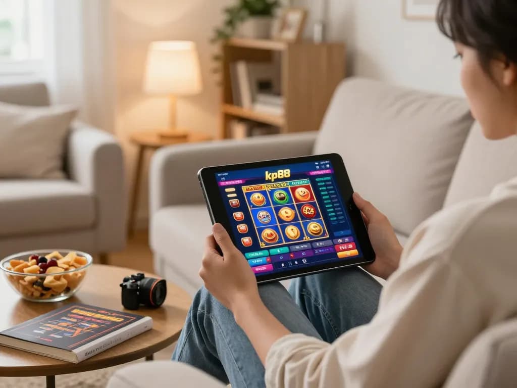 Player engaging with kp88 casino interface on tablet in cozy home setting.