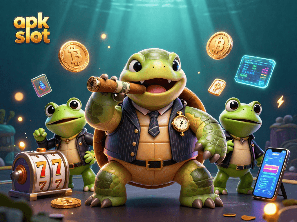 Taruhan pada apk slot dengan gulungan slot dan karakter 3D di latar belakang kasino.