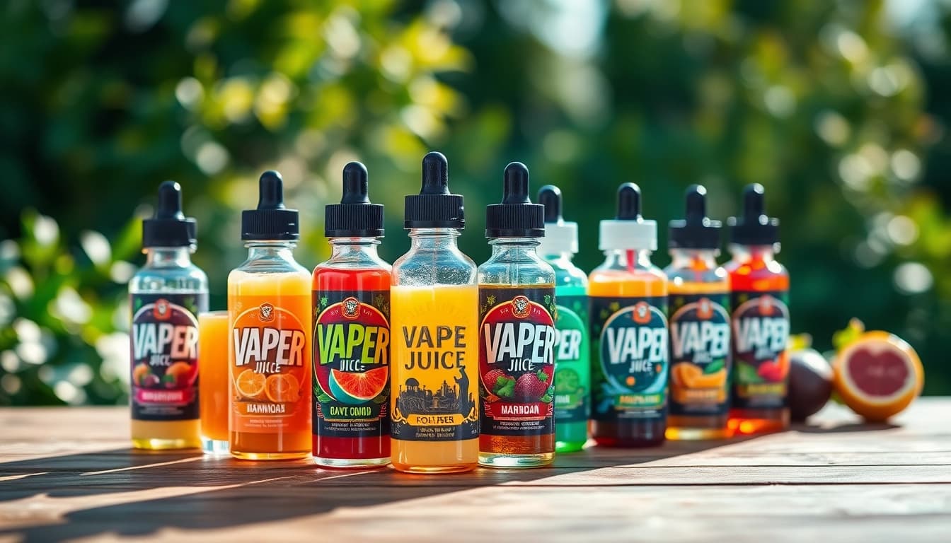 Showcase of colorful vape juice bottles highlighting their unique flavors and designs.