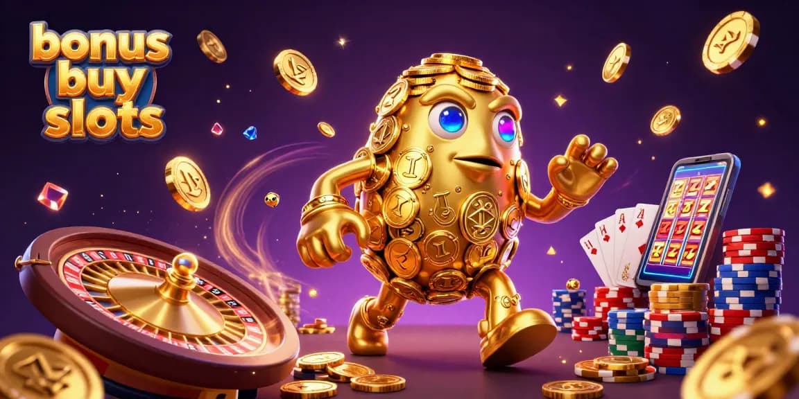 Engage with bonus buy slots featuring a golden golem amidst swirling casino elements.