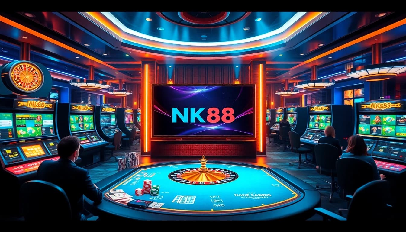 Engaging players in the NK88 game at a luxurious online casino with vibrant slot machines.