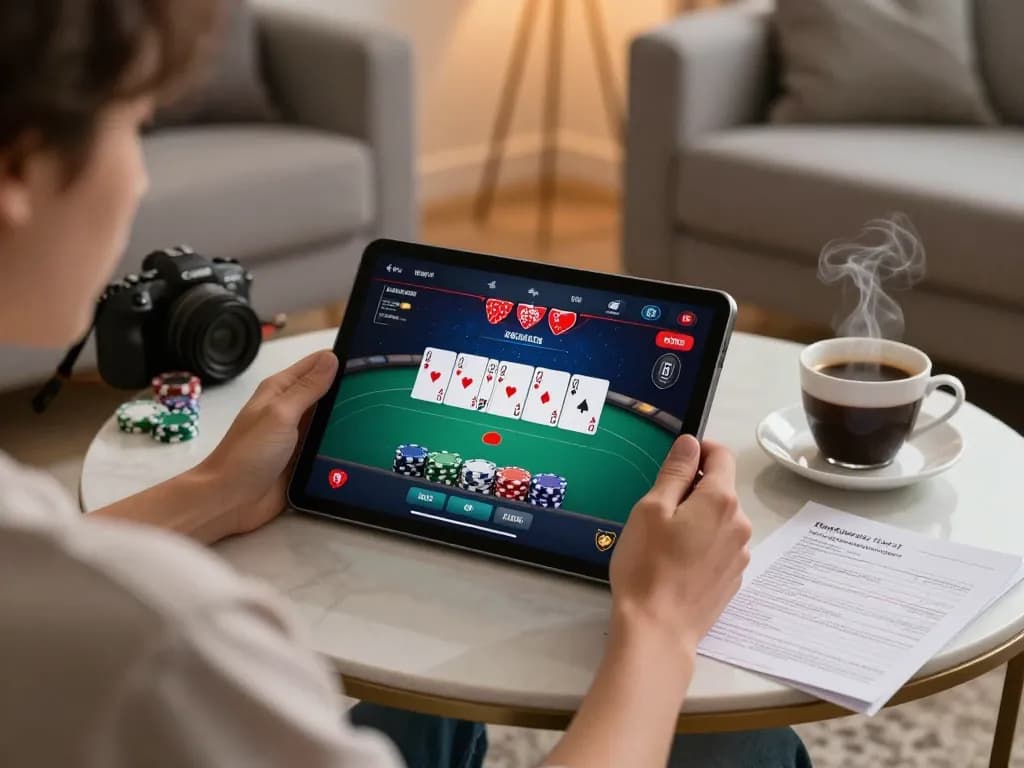 Sitting at home playing SUNWIN TRANG CHỦ poker on a tablet with strategic notes nearby.