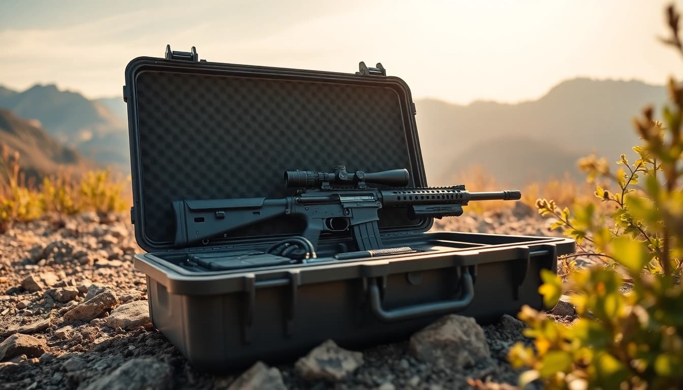Engage with a pelican rifle case in the great outdoors, showcasing its protective features and readiness for adventure.