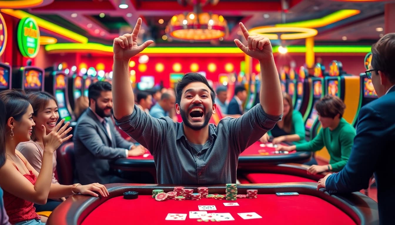 Spieler beim Gewinnen von casino-spiele de in lebendigem Casino-Ambiente feiern fröhlich.