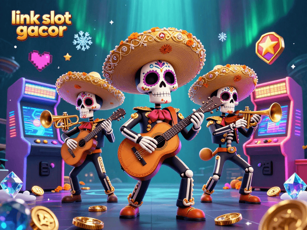 Engage with the vibrant scene featuring link slot gacor as a lively mariachi band plays amidst colorful gaming elements.