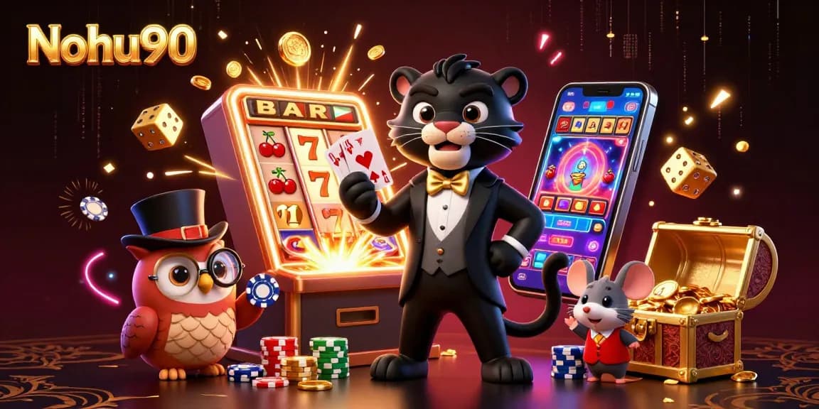 Nohu90 features a stylish cartoon black panther dealing cards surrounded by casino elements in a vibrant digital illustration.