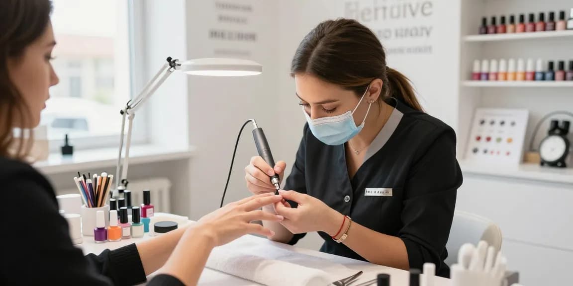 Bormașină electrică în acțiune la un salon de înfrumusețare modern pentru o îngrijire precisă a unghiilor.
