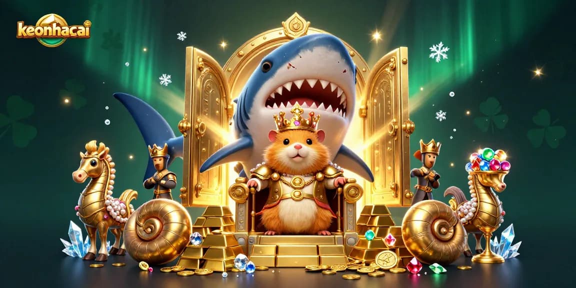 Experience the thrill of keonhacai with a futuristic hamster king on a megalodon throne surrounded by treasures.