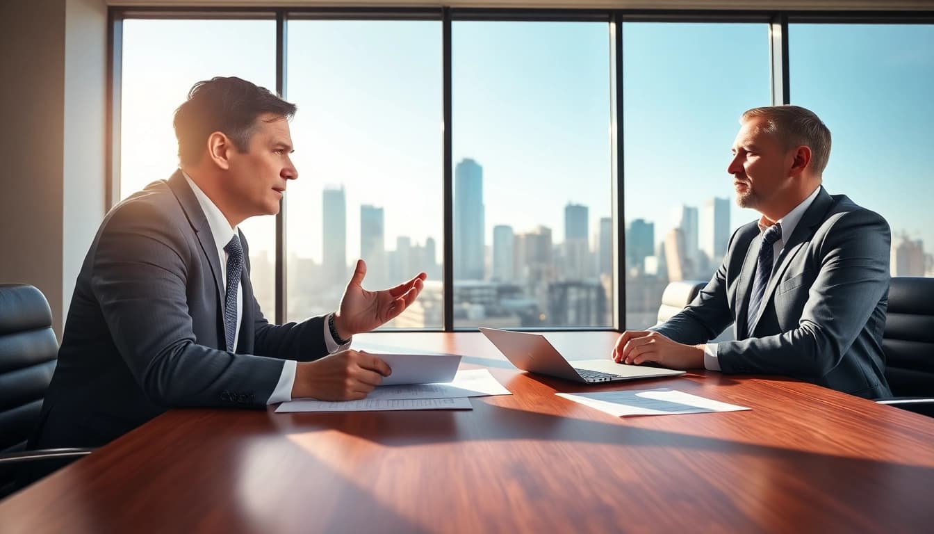 Engaged eminent domain lawyer presents legal options to a client in a modern office.