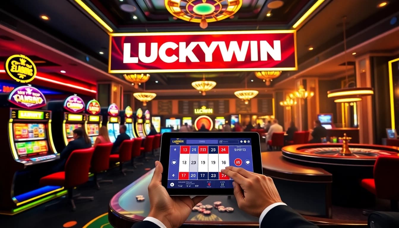 Experience the luxury of LUCKYWIN with dynamic gaming tables, vibrant slot machines, and active players.