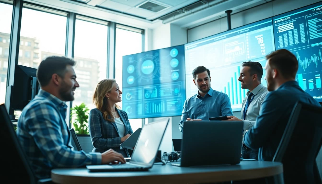 Find managed IT services near me with a collaborative IT team working in a modern office.