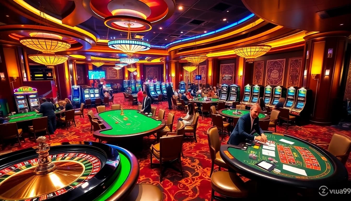 Experience the excitement of gambling at vua99 with vibrant casino tables and engaging players.