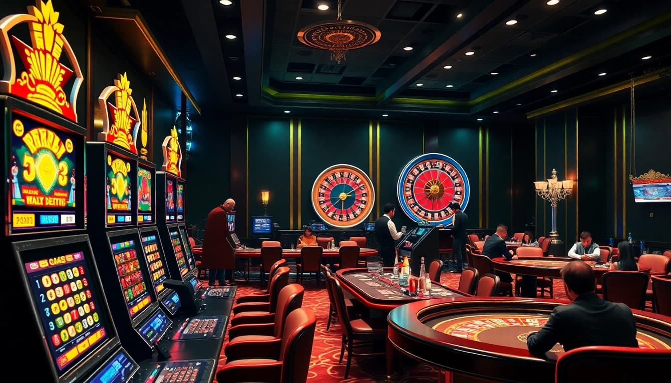 A vibrant casino atmosphere showcasing slot machines and poker tables themed with Bdtk3 Com.