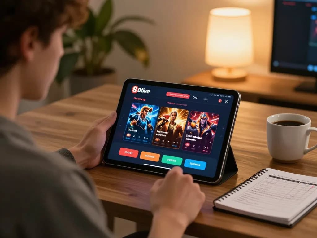 Player analyzing strategies in the 8live online gaming app on a cozy home setup.