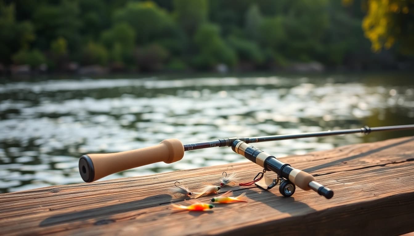 Showcase of the Best fly fishing rods on a rustic table near a calm river at dawn.