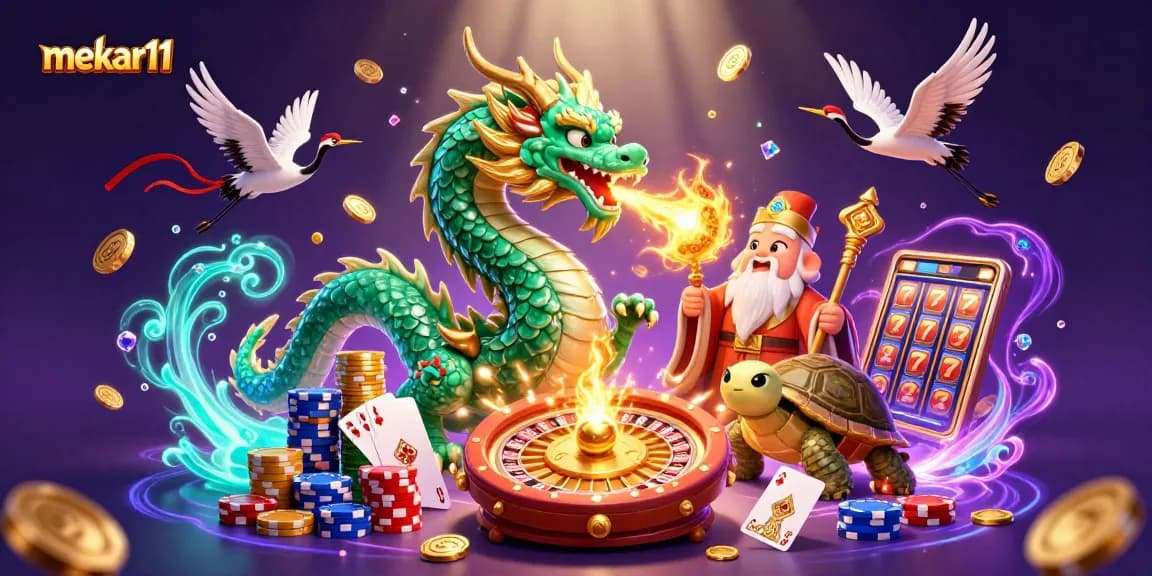 Engage with mekar11 strategies featuring a jade dragon, turtle sage, and lucky cranes in a vibrant casino scene.