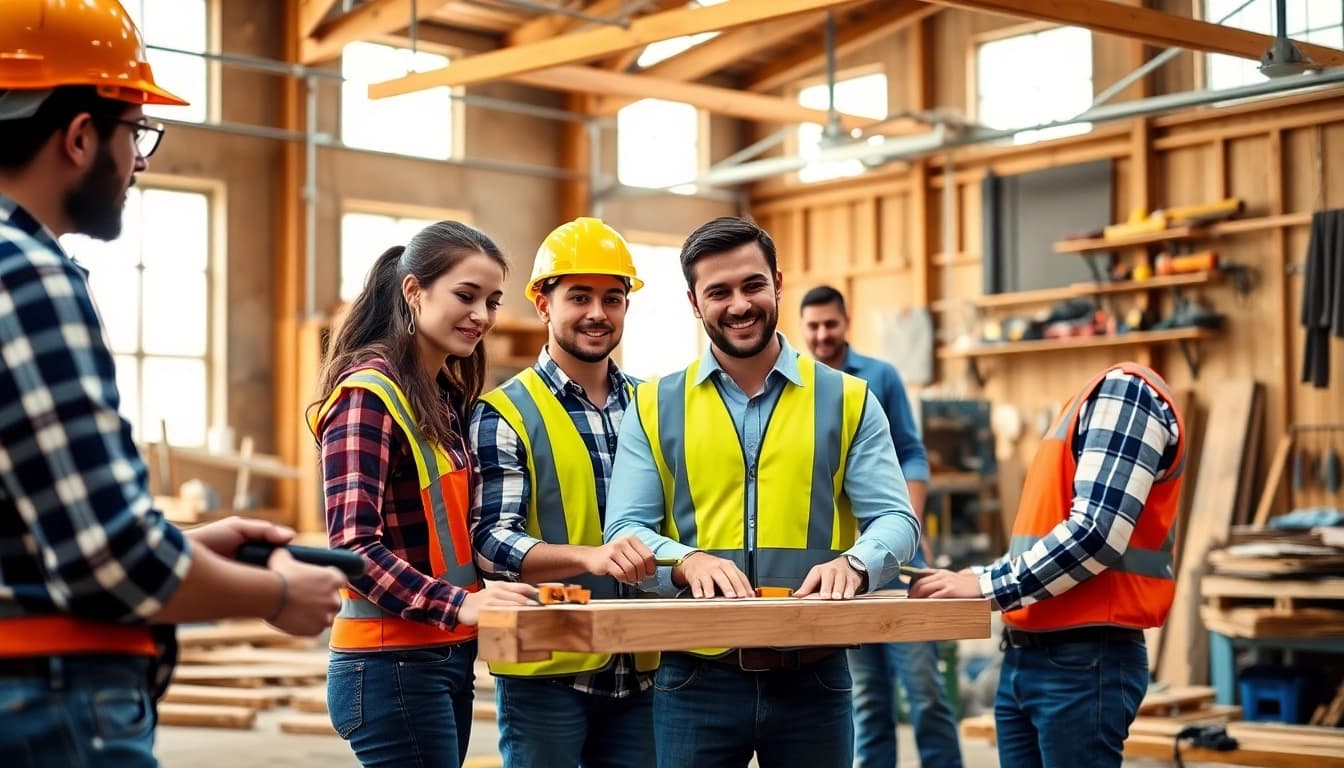 Students practicing hands-on skills at construction trade schools in texas setting with tools and guidance.