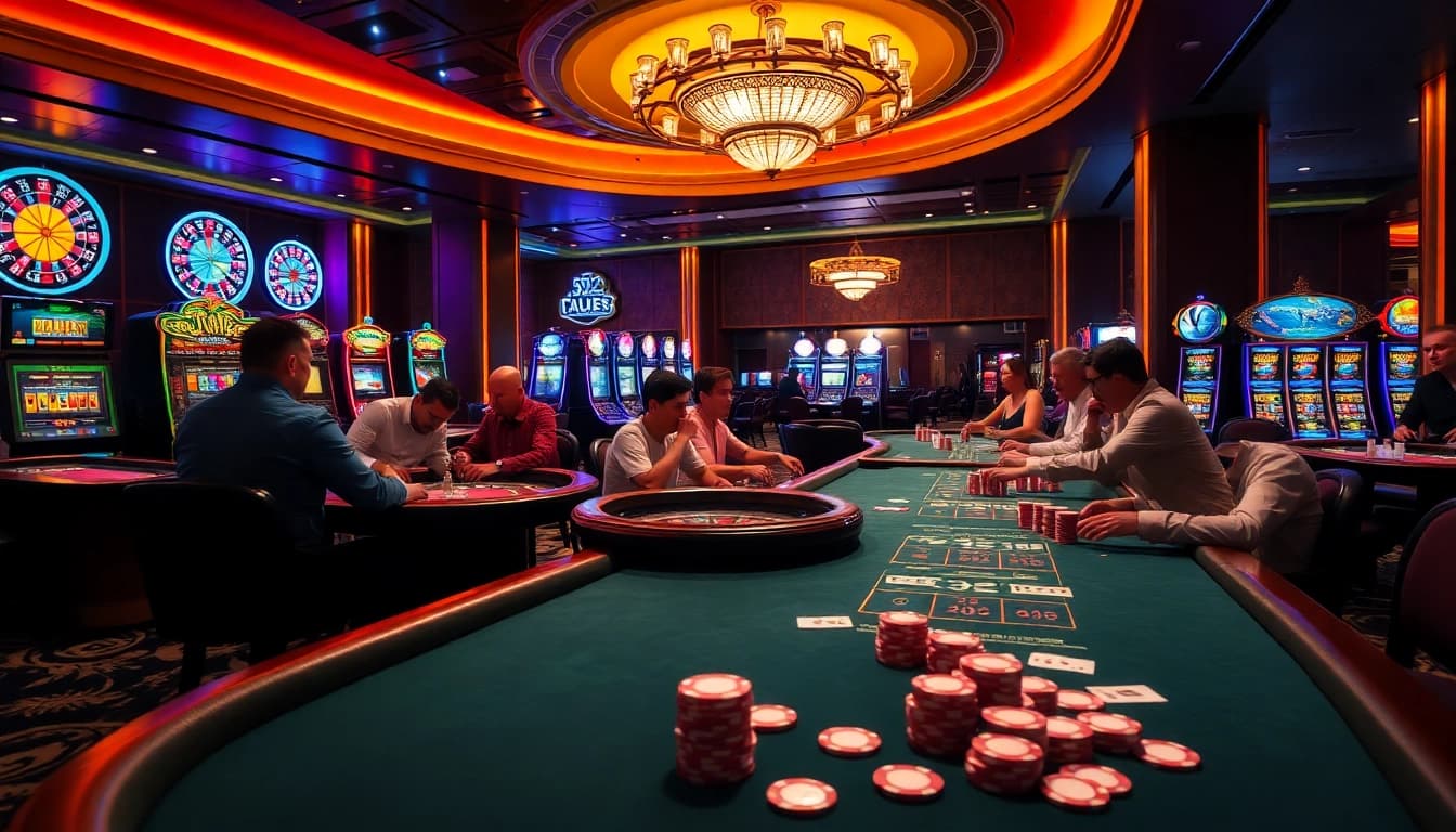Players enjoy a thrilling game at b52club, surrounded by vibrant poker chips and cards.