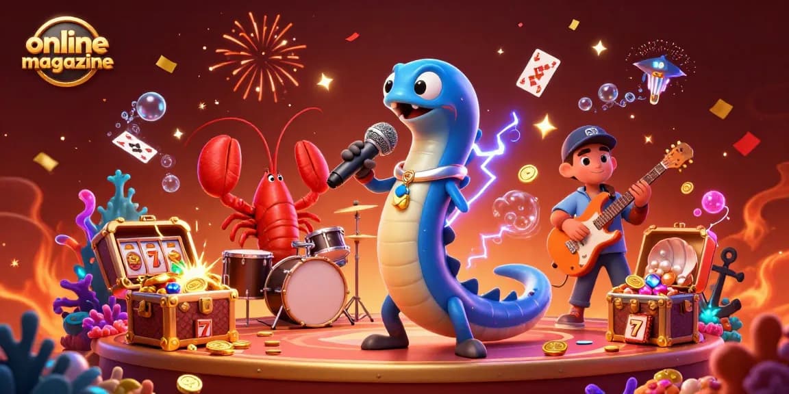 Vibrant underwater casino scene featuring an electric eel DJ and band, perfect for an online magazine theme.