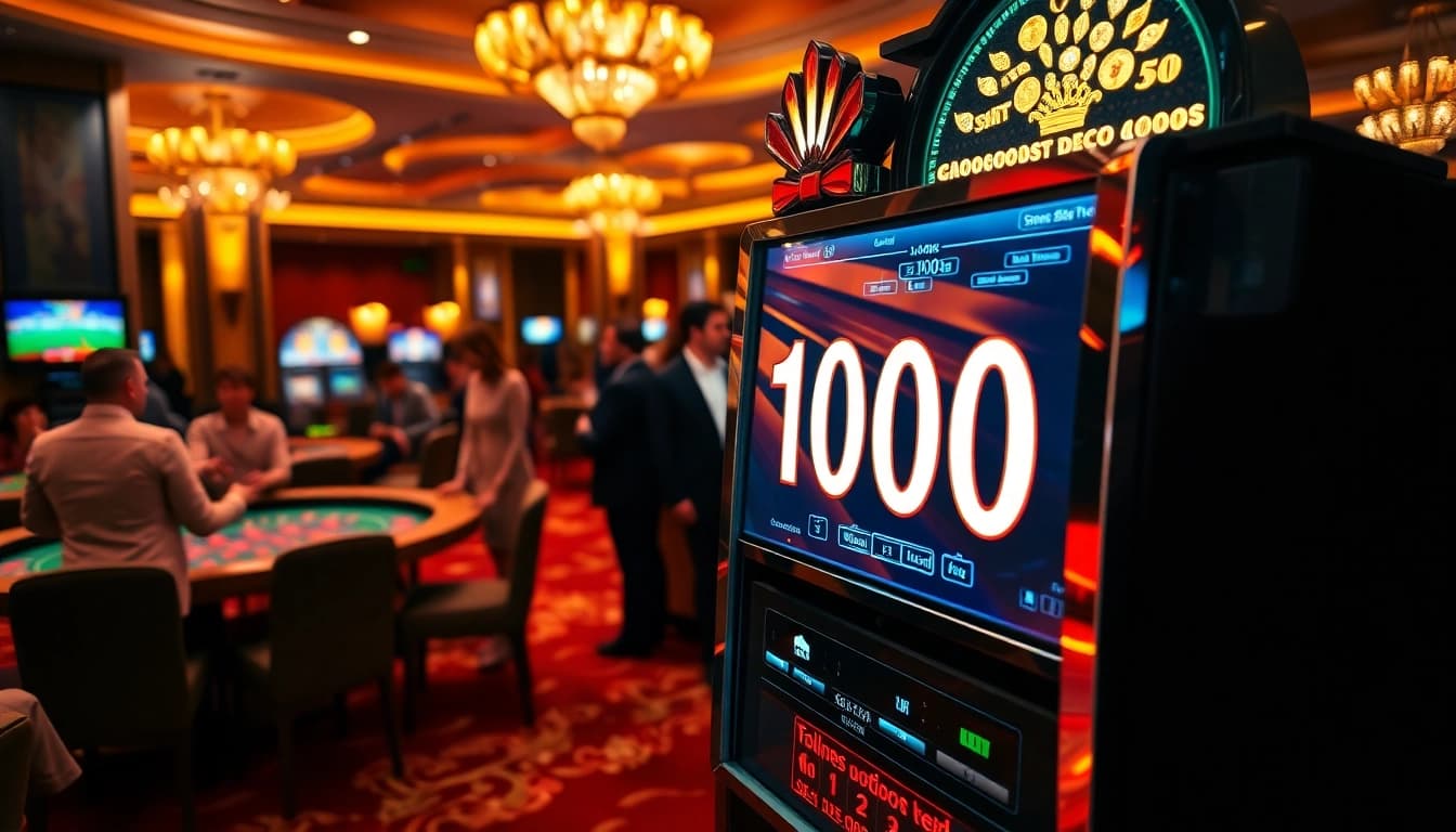 Memainkan mesin slot Depo 1000 dalam suasana kasino mewah yang penuh kegembiraan.