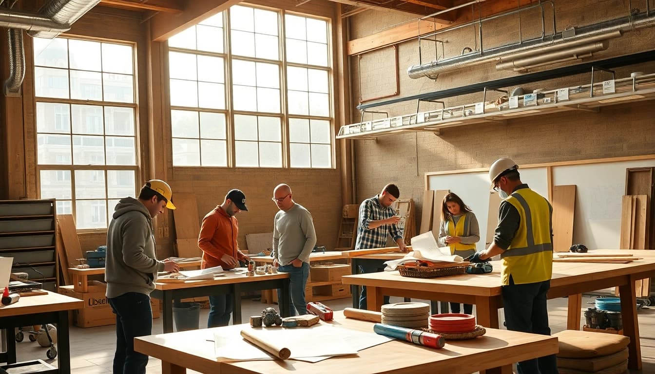 Students engaging in hands-on training at construction trade schools in texas with tools and materials.
