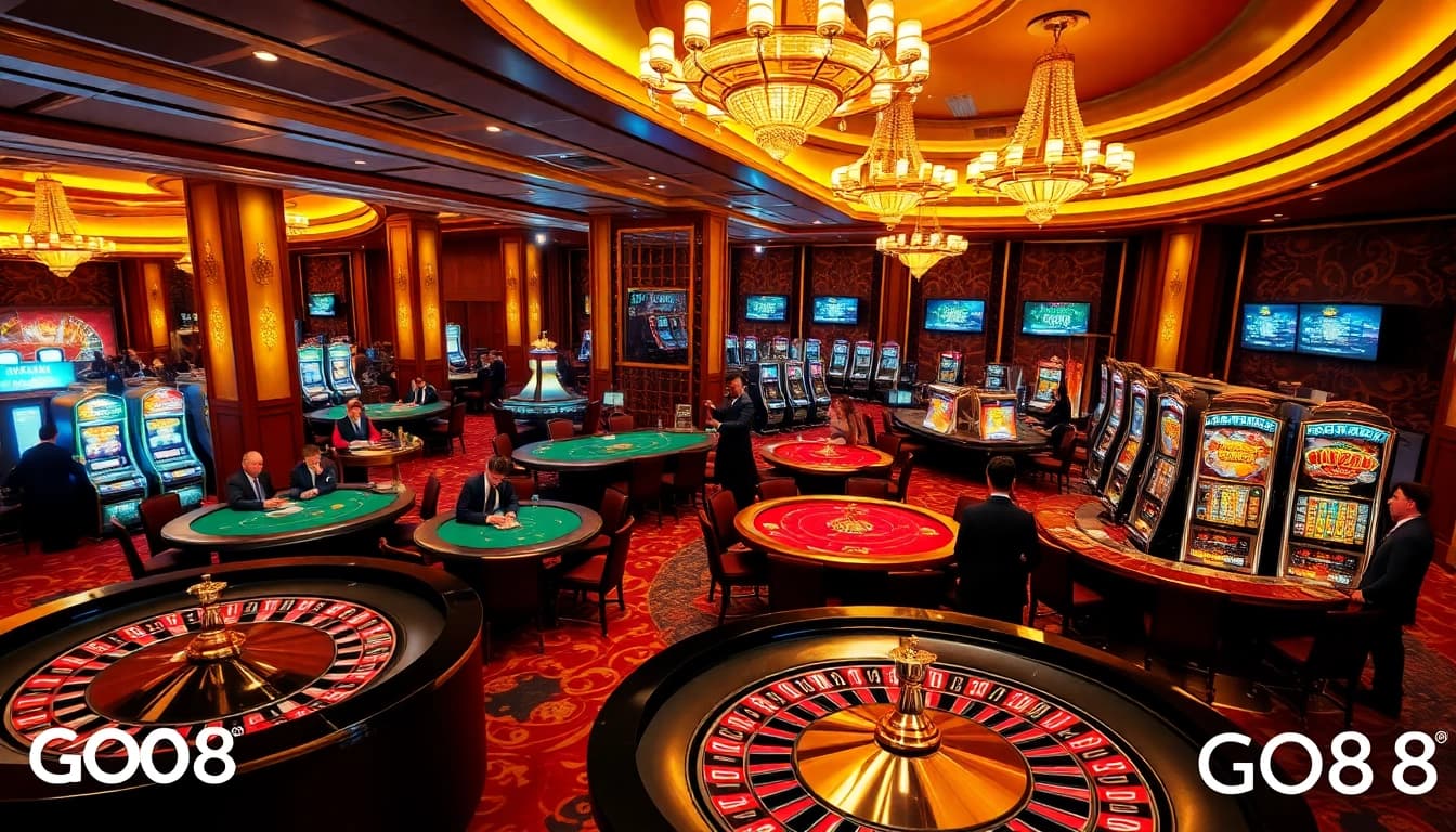 GO8 casino scene showcasing vibrant table games, roulette wheels, and excited players in action.