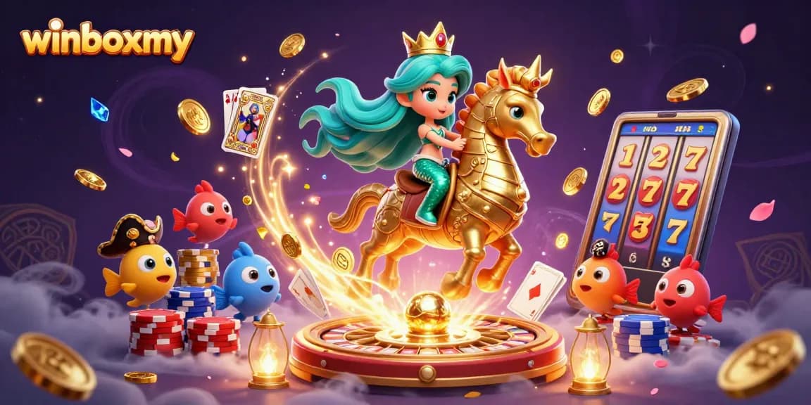 Winboxmy offers exciting gameplay with a vibrant mermaid scene, golden coins, and slot reels.
