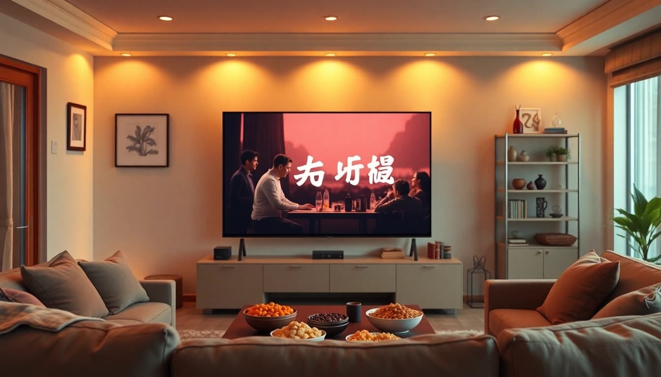 Stream captivating หนังออนไลน์ in a cozy living room with a vibrant movie scene.