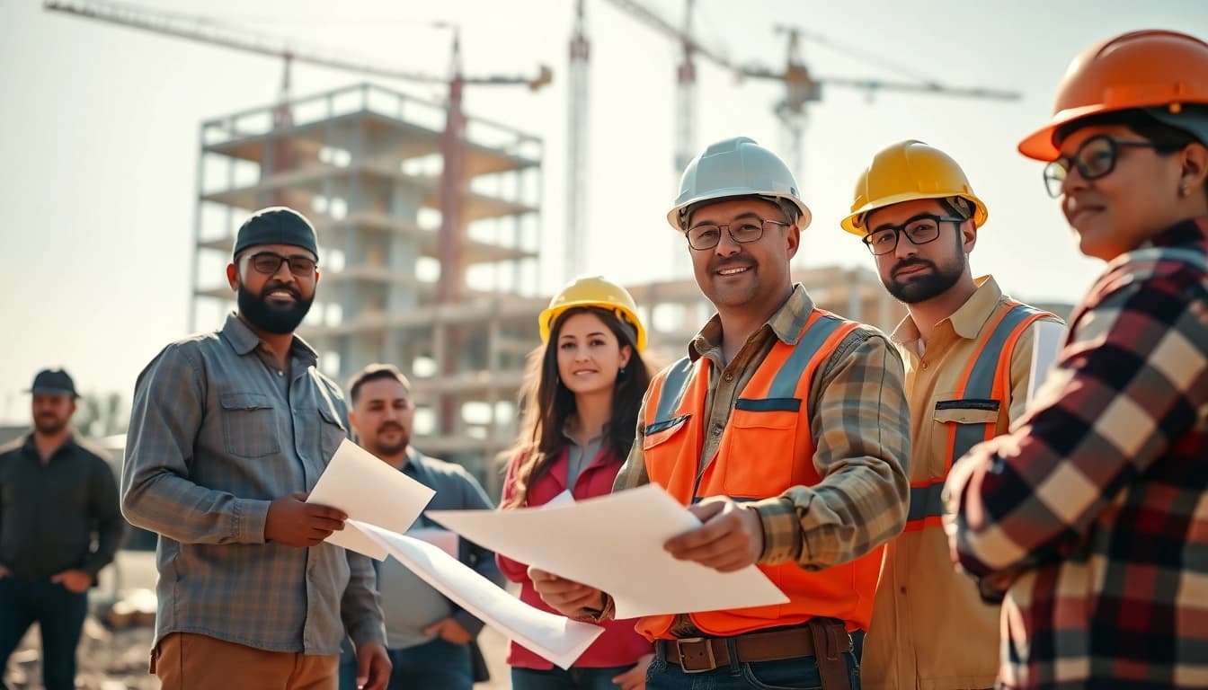 New Jersey General Contractor collaborating with team on a construction site amidst building progress.