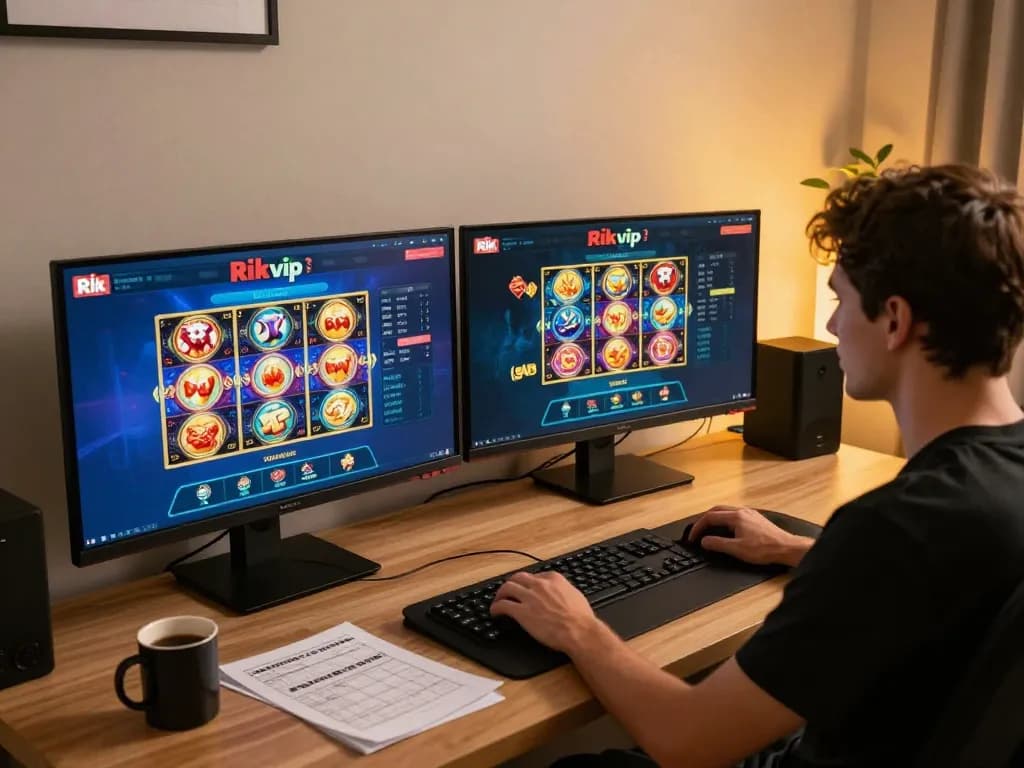Engaging in strategic gameplay on rik vip online casino with dual monitors and detailed notes.