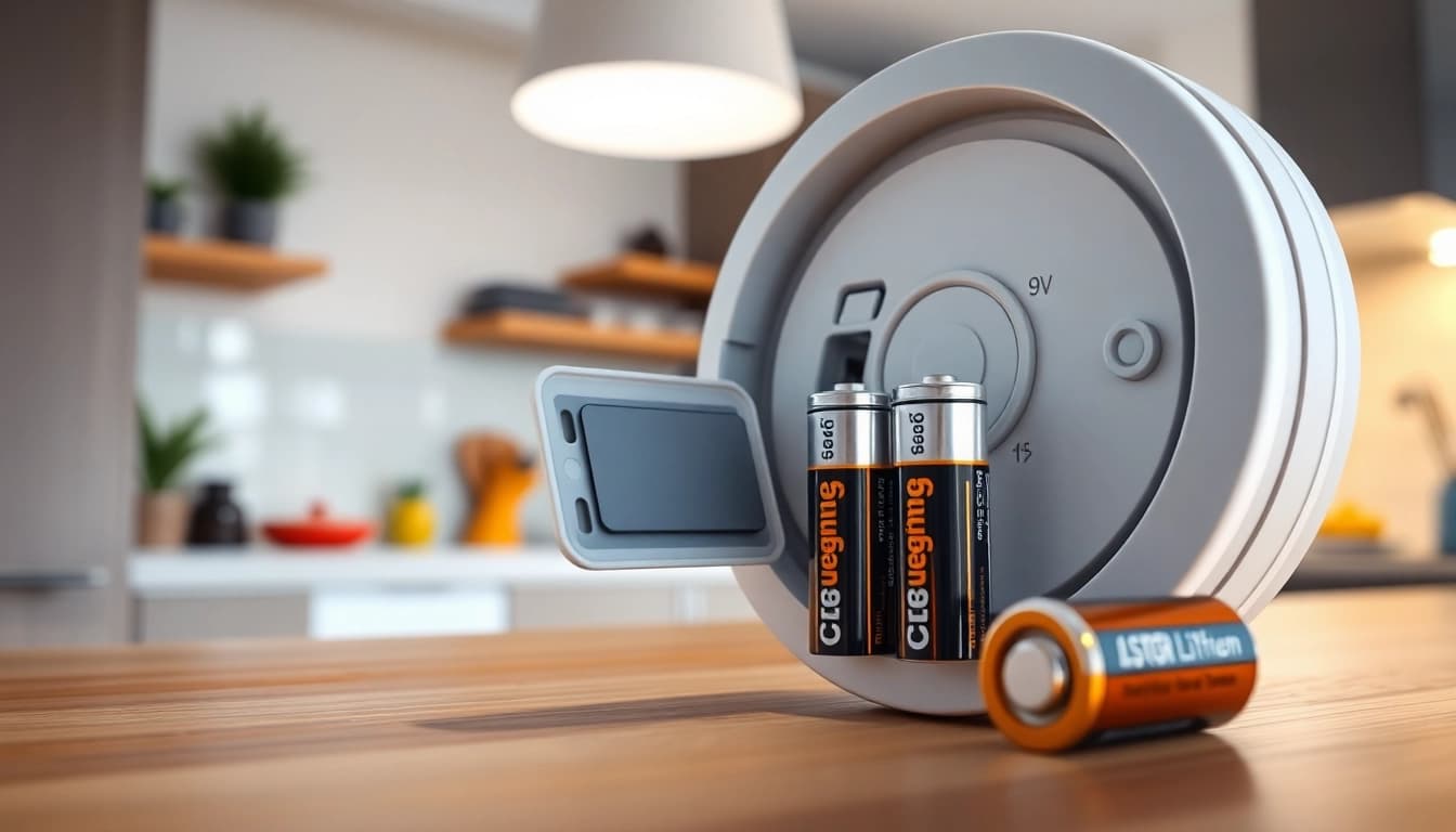 Showcasing various smoke detector battery types in a bright home setting, emphasizing safety.