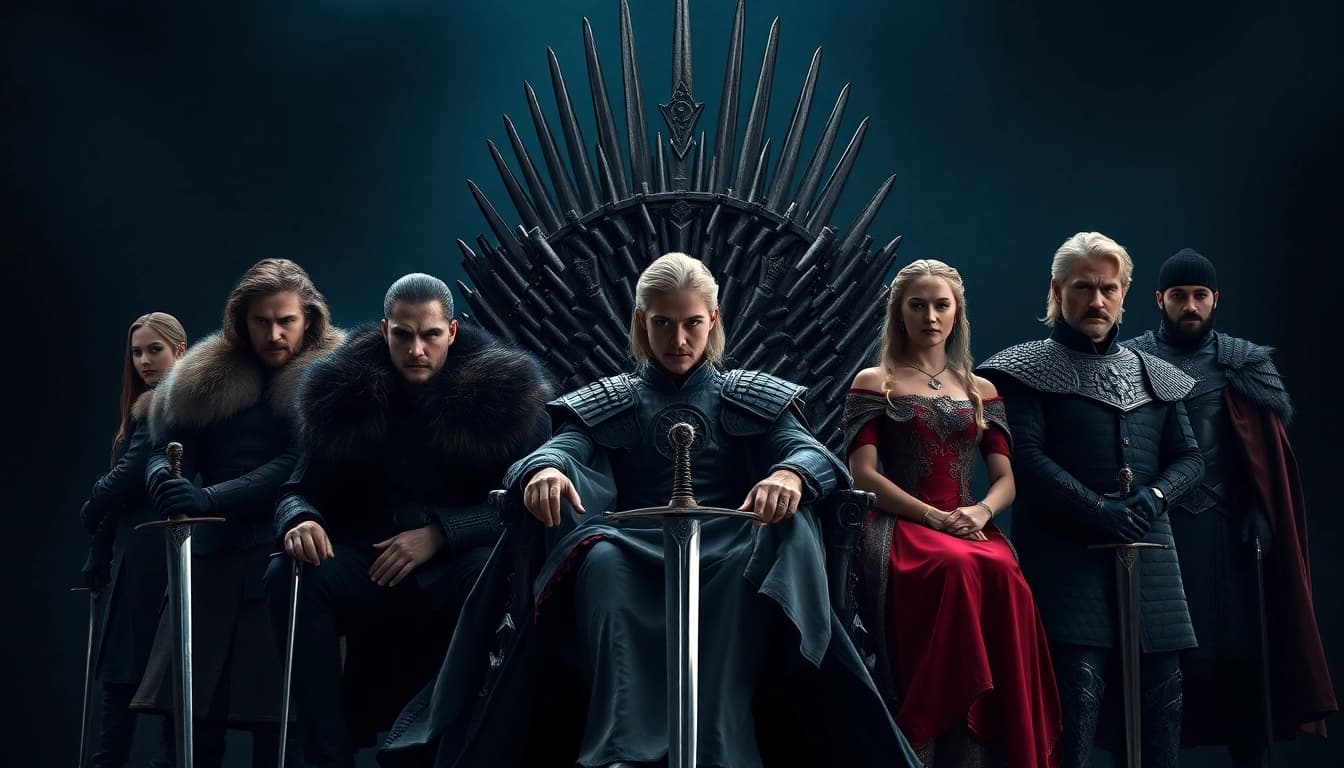 Game of Thrones cast showcasing iconic characters on the Iron Throne in a dramatic setting.
