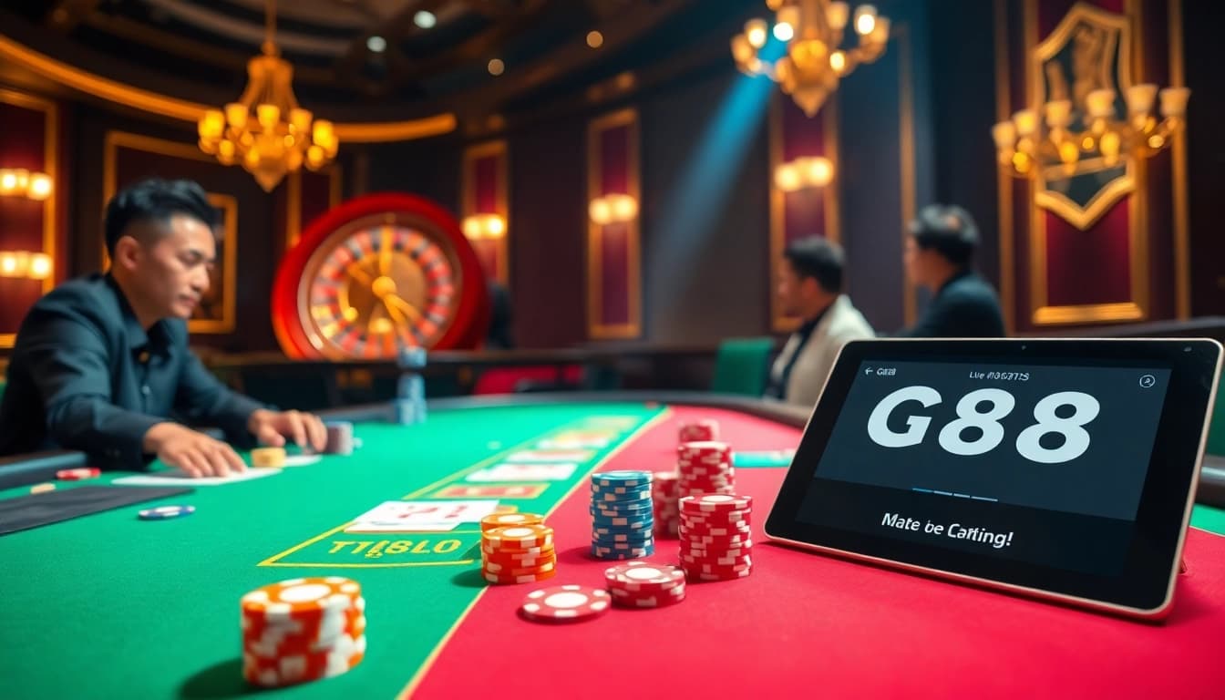 Exciting casino table experience with GG88 poker chips and roulette wheel in action.