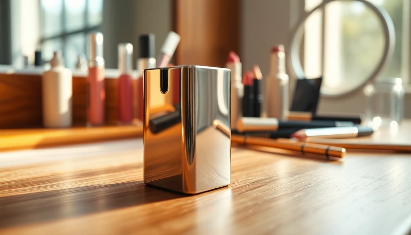Using a cosmetic pencil sharpener on a wooden vanity surrounded by beauty products.
