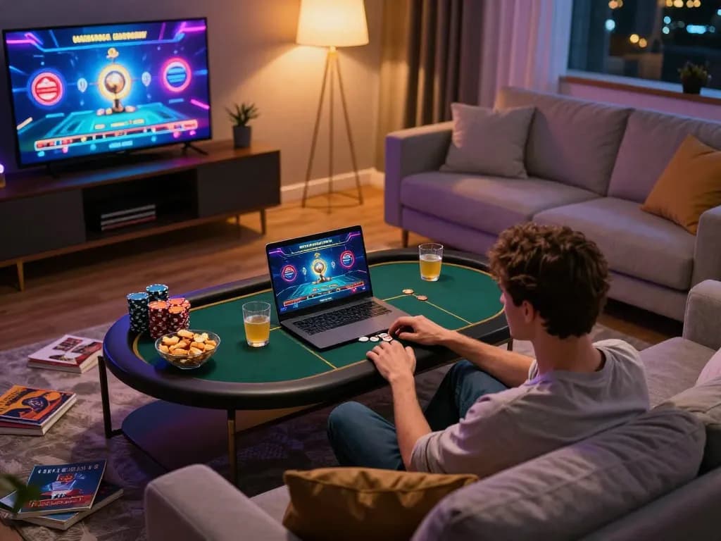 Players enjoying online poker at home via mm88.blog, showcasing a cozy gaming setup.