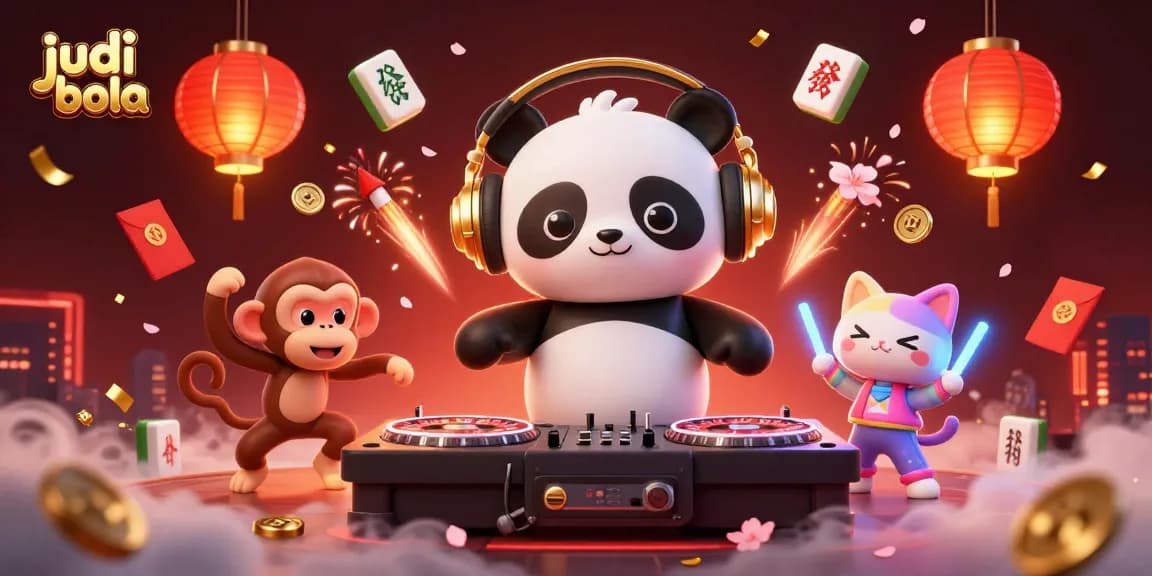 Experience judi bola excitement with a lively scene of characters including a DJ panda spinning roulette wheels, showcasing vibrant elements.