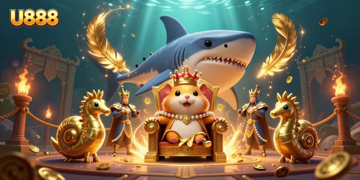Experience high-stakes fun at U888 with a fierce golden hamster king surrounded by guard seahorses.