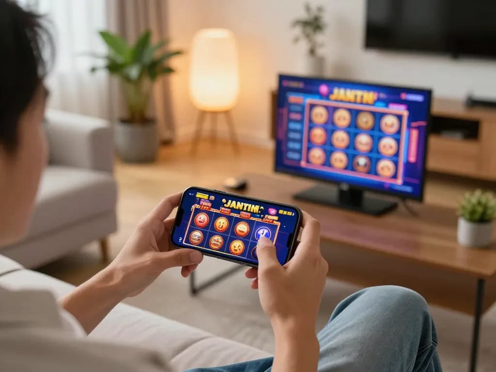 Enjoying mobile slot games with 888vi on a smartphone in a stylish living room.