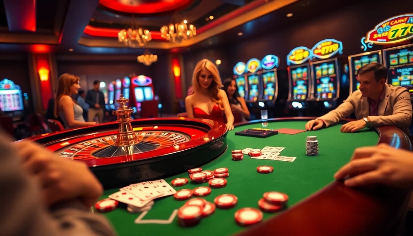 Experience the excitement of 67bet with a vibrant casino scene showcasing roulette and poker.