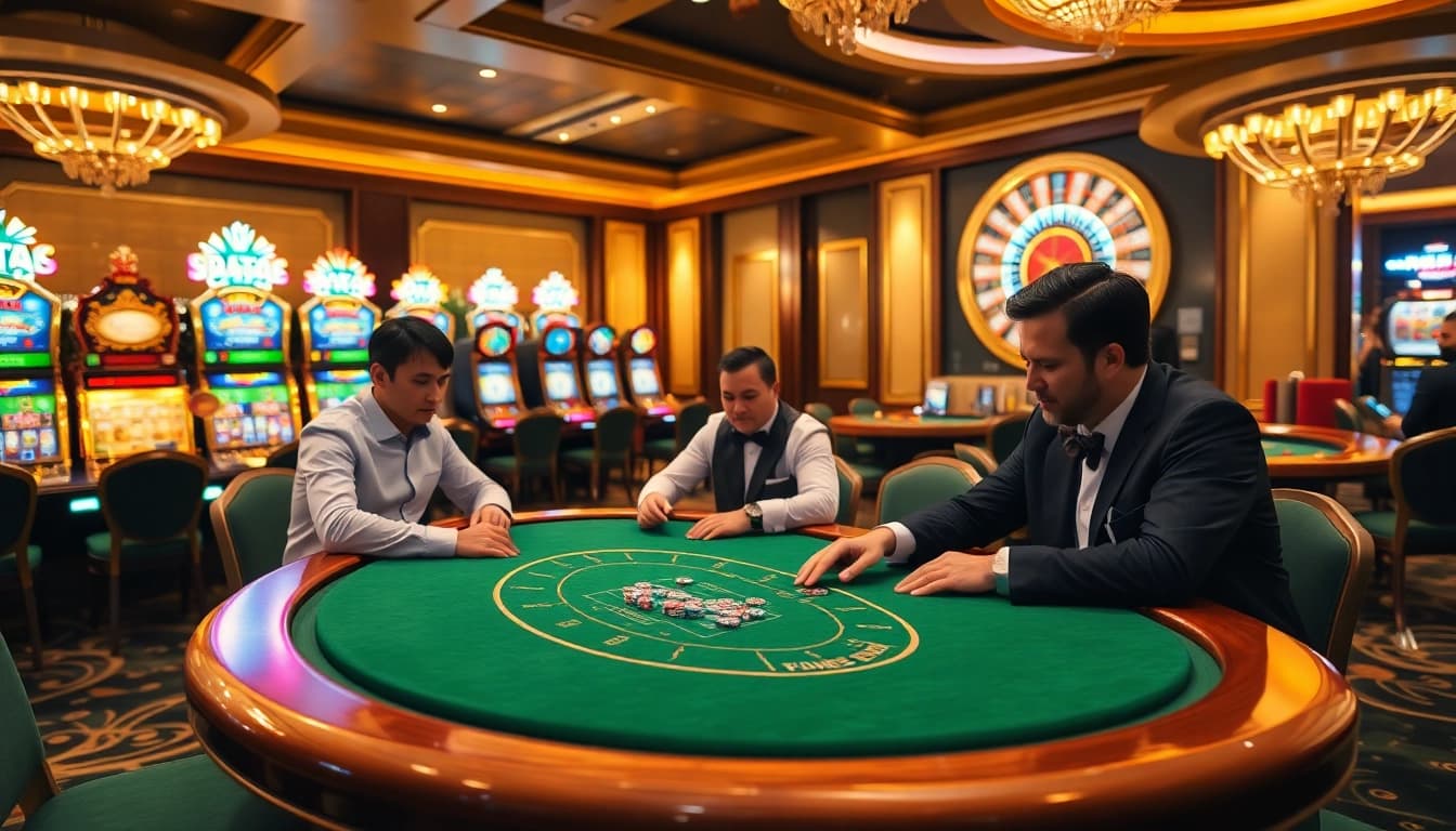 Players strategize at an upscale poker table in a casino scene at https://fly88.deal/ with captivating slot machines.