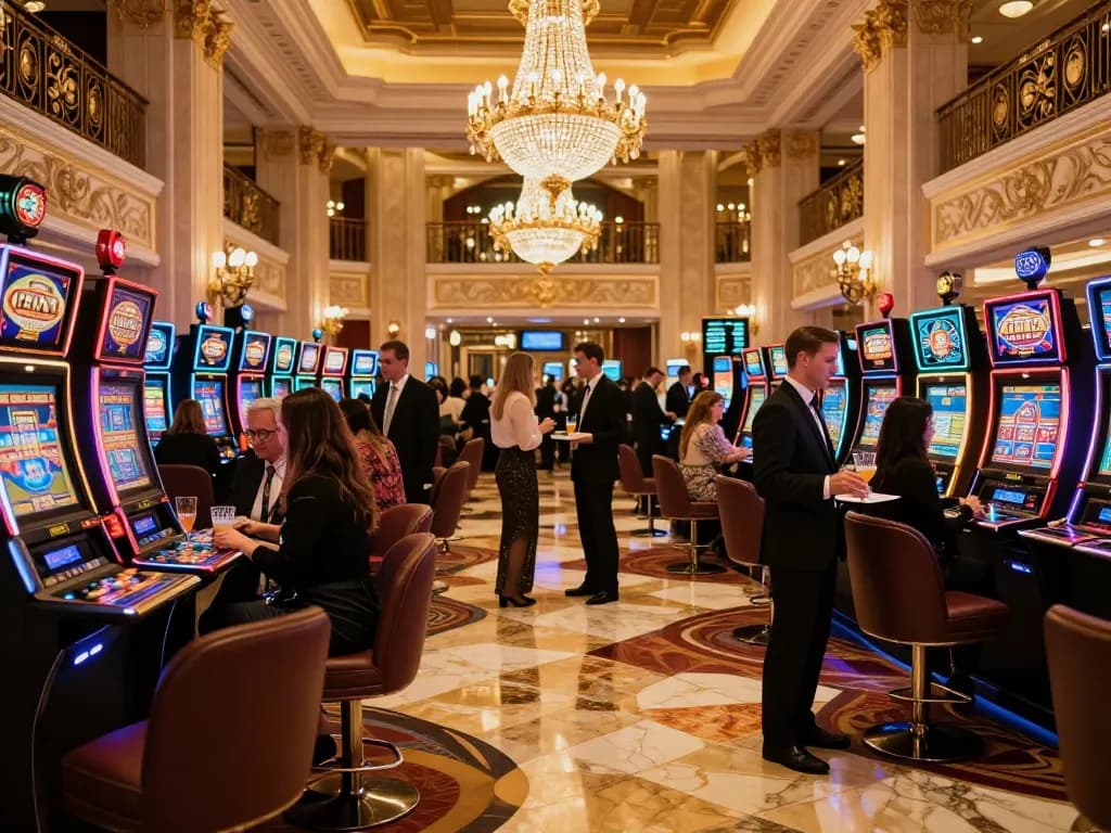 Engaging scene of visitors enjoying link slot777 at a luxurious casino venue with ambient lighting