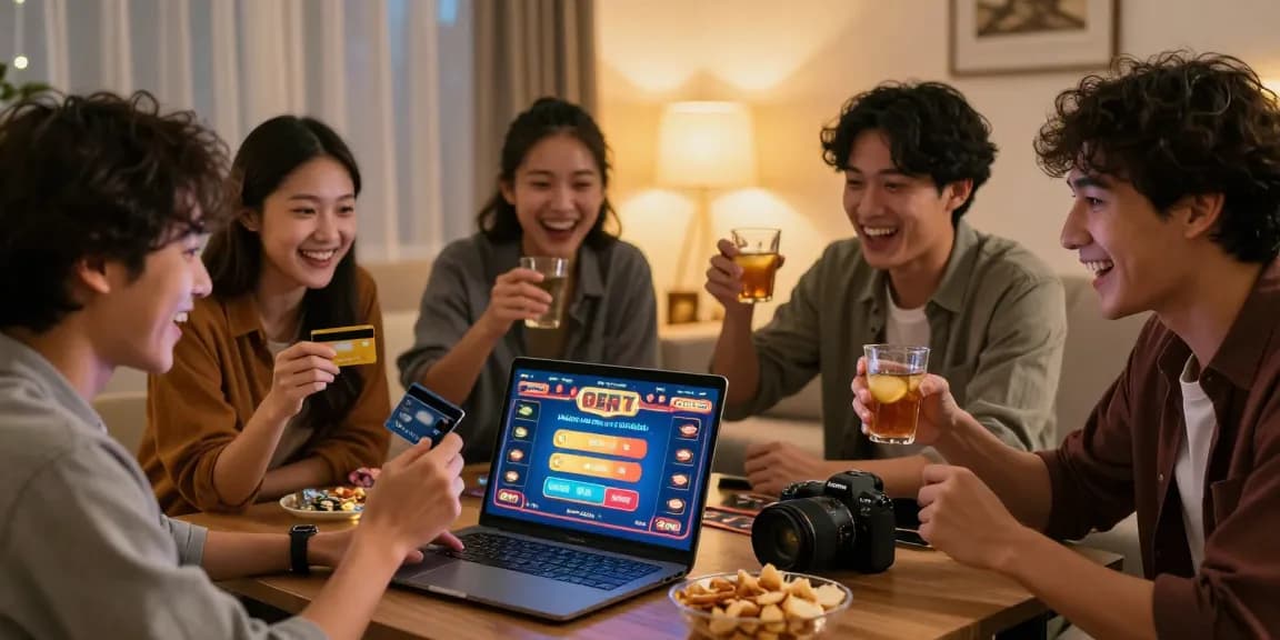 Group of friends enjoying online gaming at credit card casinos via being-there.org.uk with excitement and camaraderie.