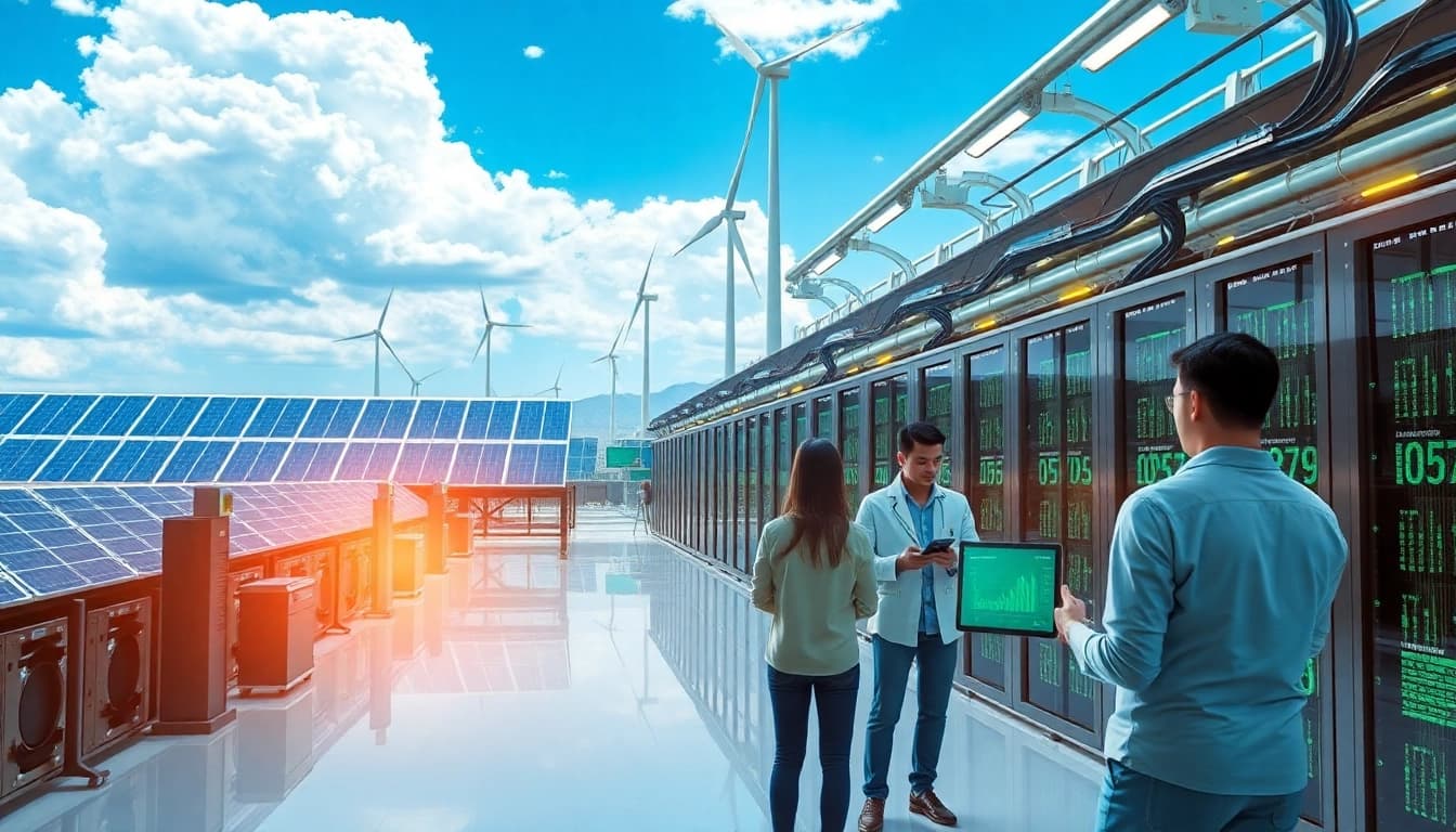 Representing the future of cluod mining, a modern facility powered by renewable energy, showcasing collaboration and innovation.