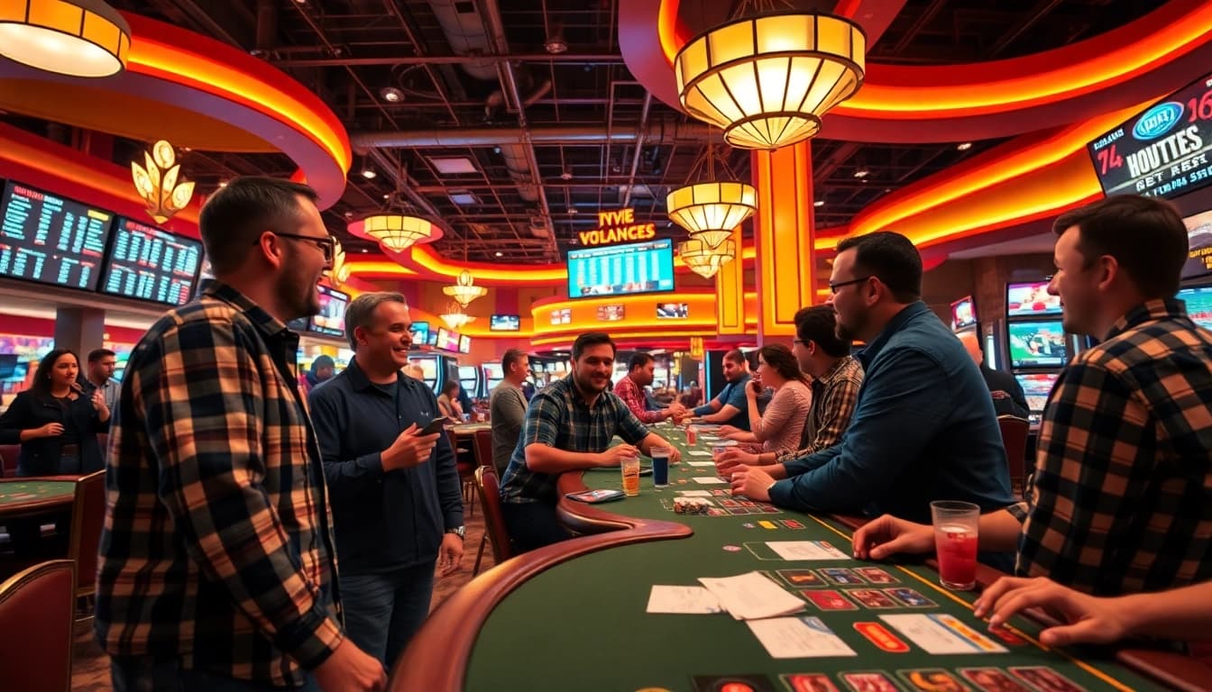 Engaged bettors enjoying Oklahoma sports betting in a vibrant casino atmosphere.