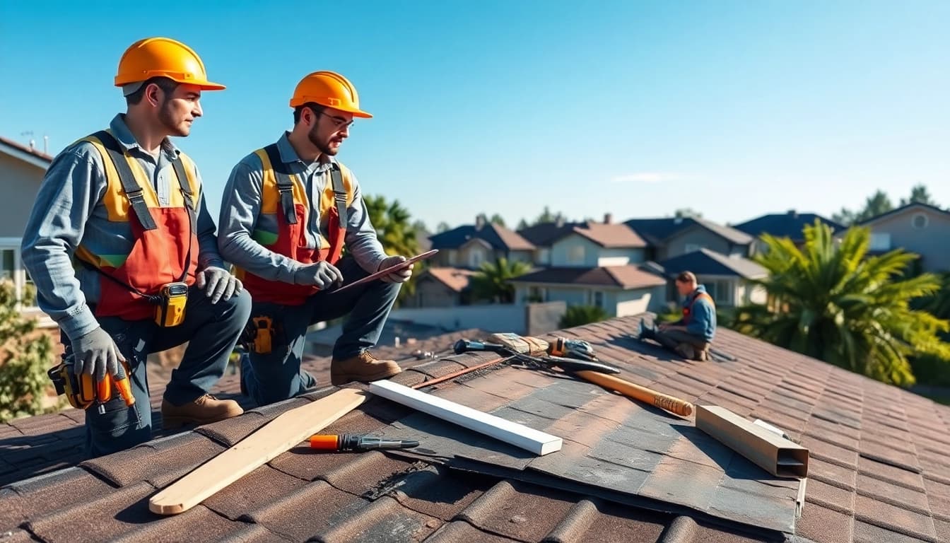 Roof repair contractors inspecting damage and discussing solutions with focused professionalism.