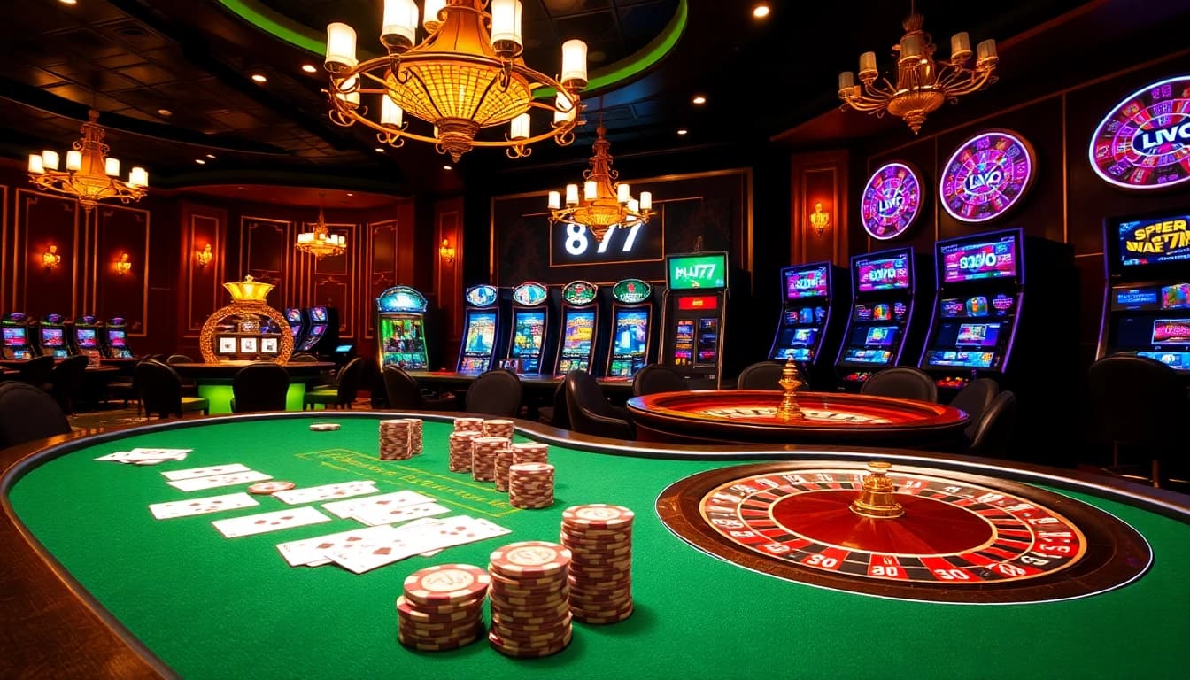 Exciting gambling scene at plus777 casino with poker tables and vibrant slot machines.